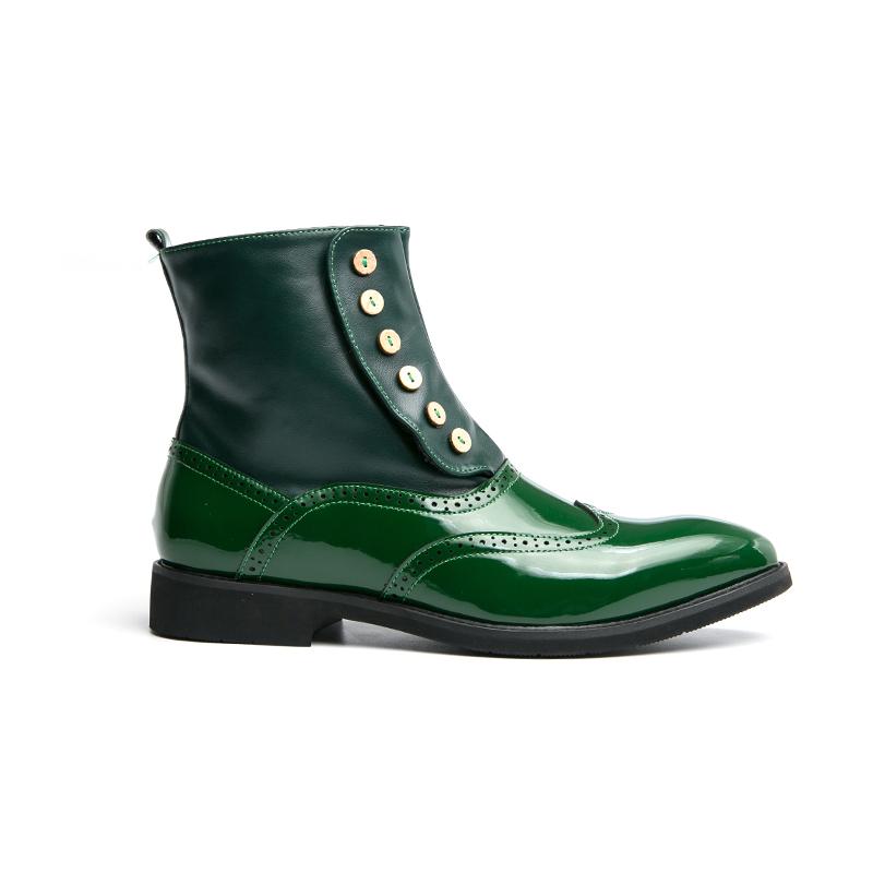 Men Business Ankle Boots Black Green Lacquer Leather Fashion Button Block Boots British Style Chelsea Boots Size 38-46 Men Boots
