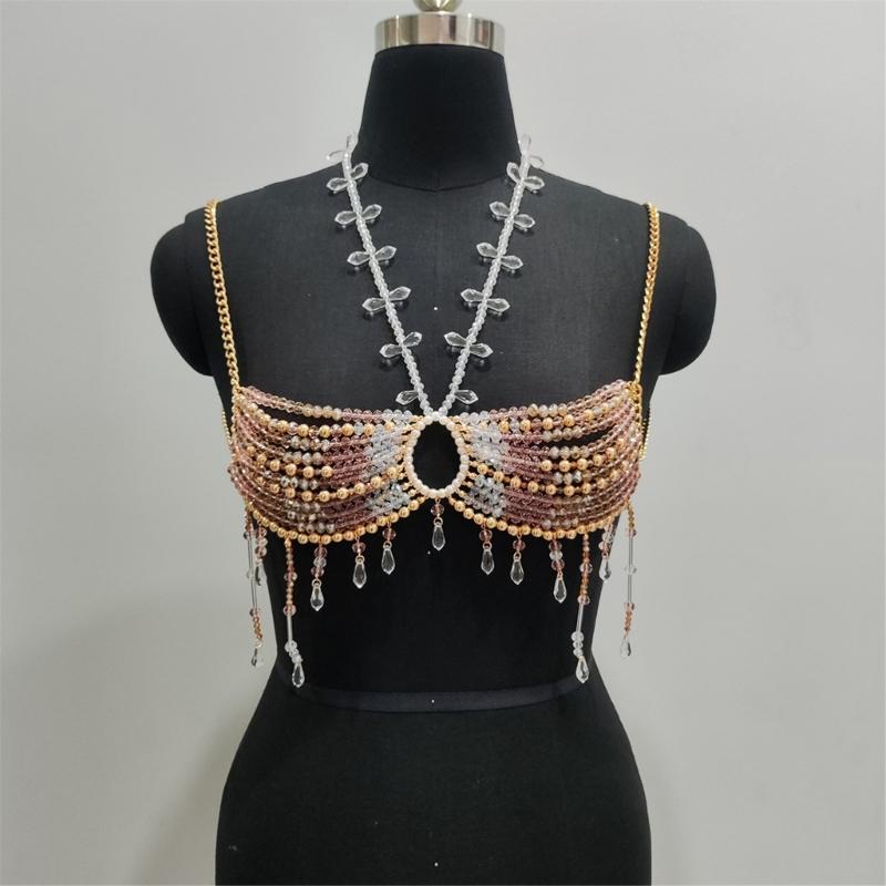 Fashionable Pearls Crystal Tassels Bralette Body Chain for Women’s Beachwear Beaded Body Jewelry Harness Bustier Bra Top