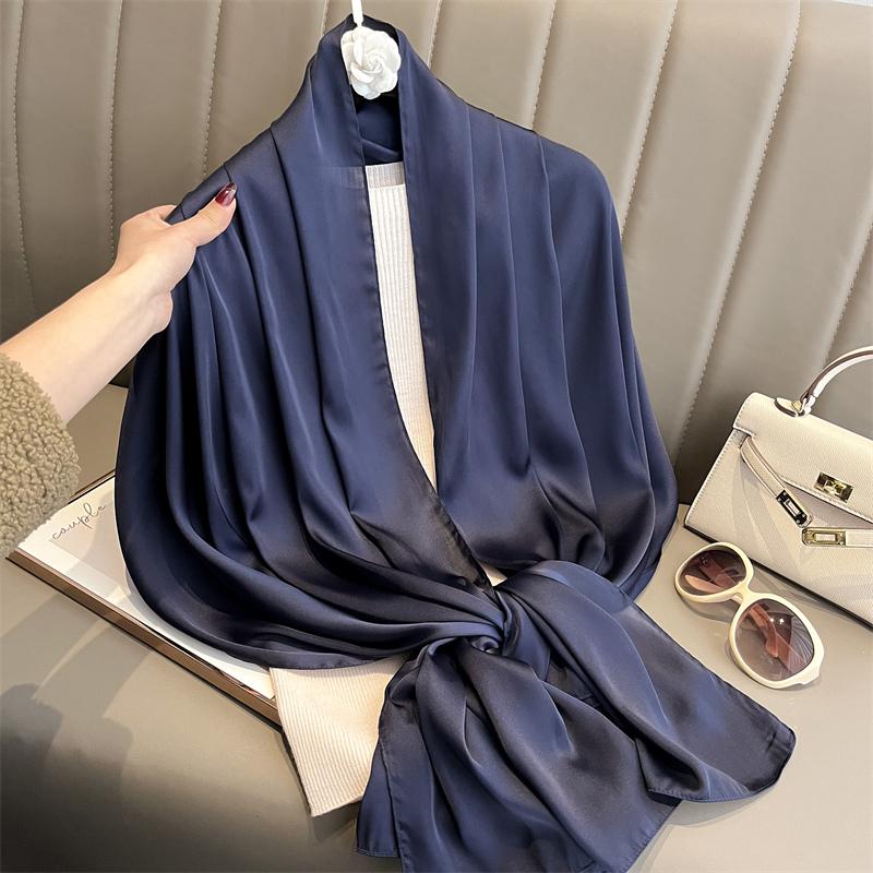 90*180cm Fashion Luxury Solid Color Silk Scarf Women Soft Smooth Scarves Head Wrap Hijab Outdoors Muffler Long Shawl Beach Towel