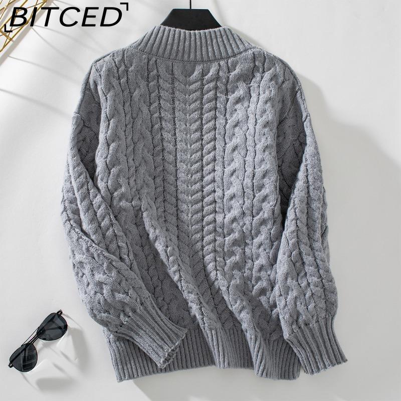 BITCED Autumn/Winter Women's Knitted Sweater Loose-fit Pullover Retro Cable-knit V-neck Long-sleeved Solid-colour Jumper
