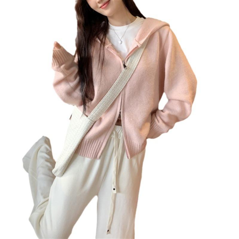 Double Zipper Hooded Sweater Jacket Women's Autumn New Gentle Wind Skinny Age Reduction Temperament Short Knitted Cardigan Women