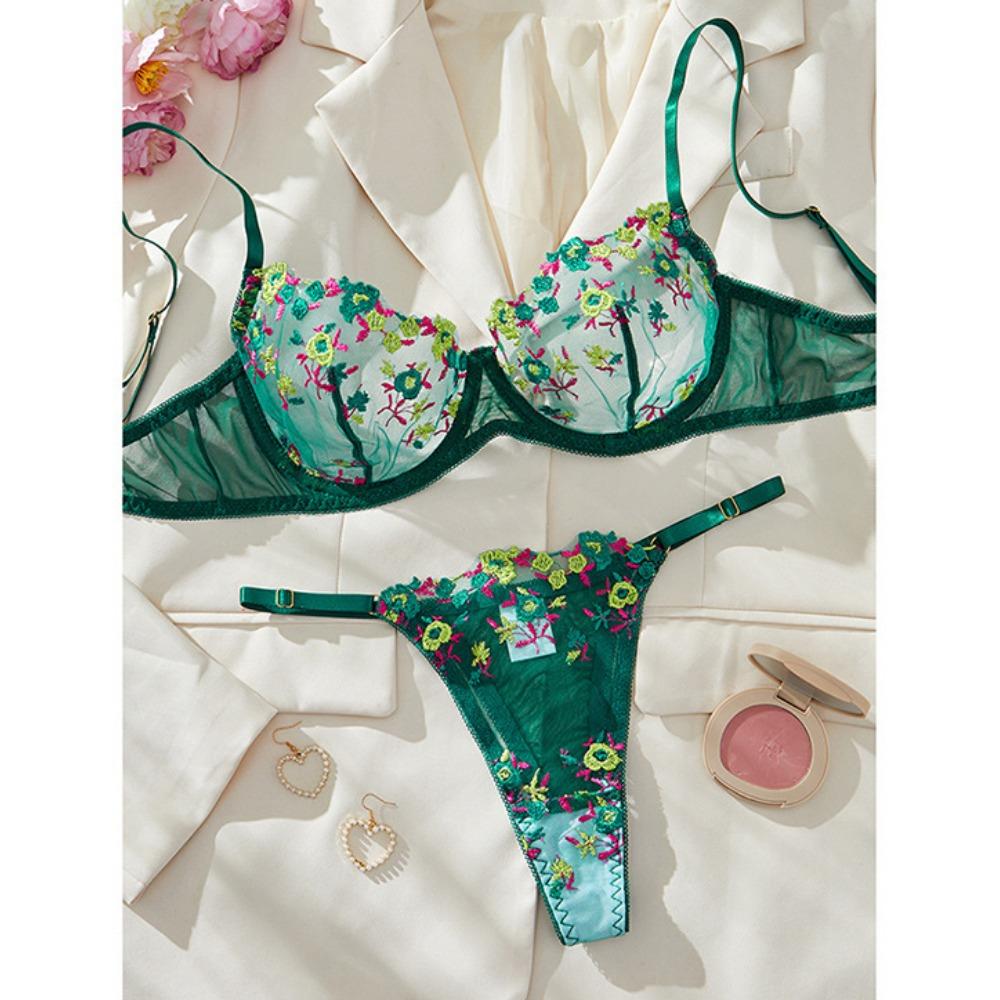 

Кружевное нижнее белье с вышивкой в виде цветов, сексуальный женский комплект бюстгальтера, чистое желание, сетчатое соблазнение, эротический комплект нижнего белья, в наличии XL темно-зеленого