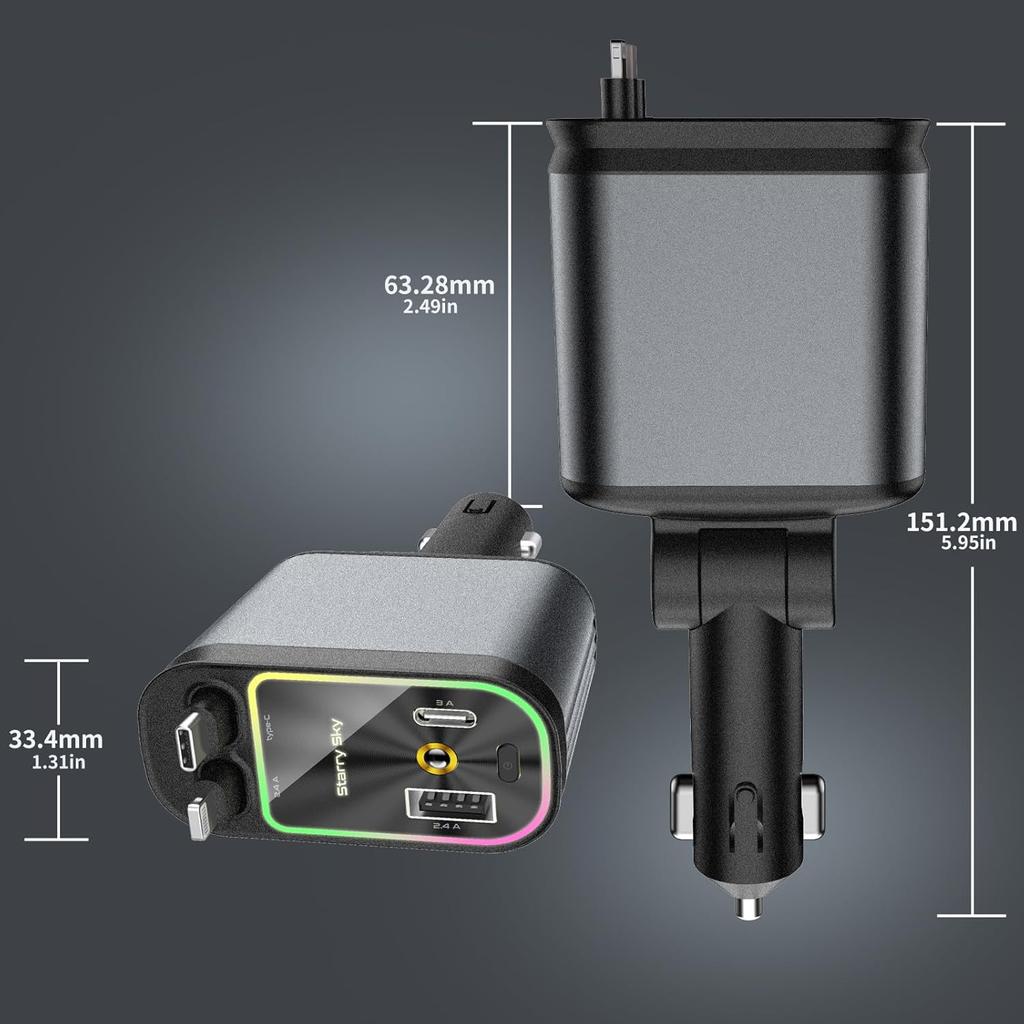 4 in 1 Car Charger with Multifunctional Dual Retractable Automatic Storage Charging Cable and Starry Sky Top Projection Light