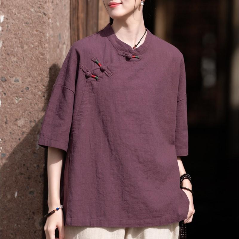 Johnature Women Chinese Style Shirts Tops Solid Color Summer Stand Button Vintage Women Shirts