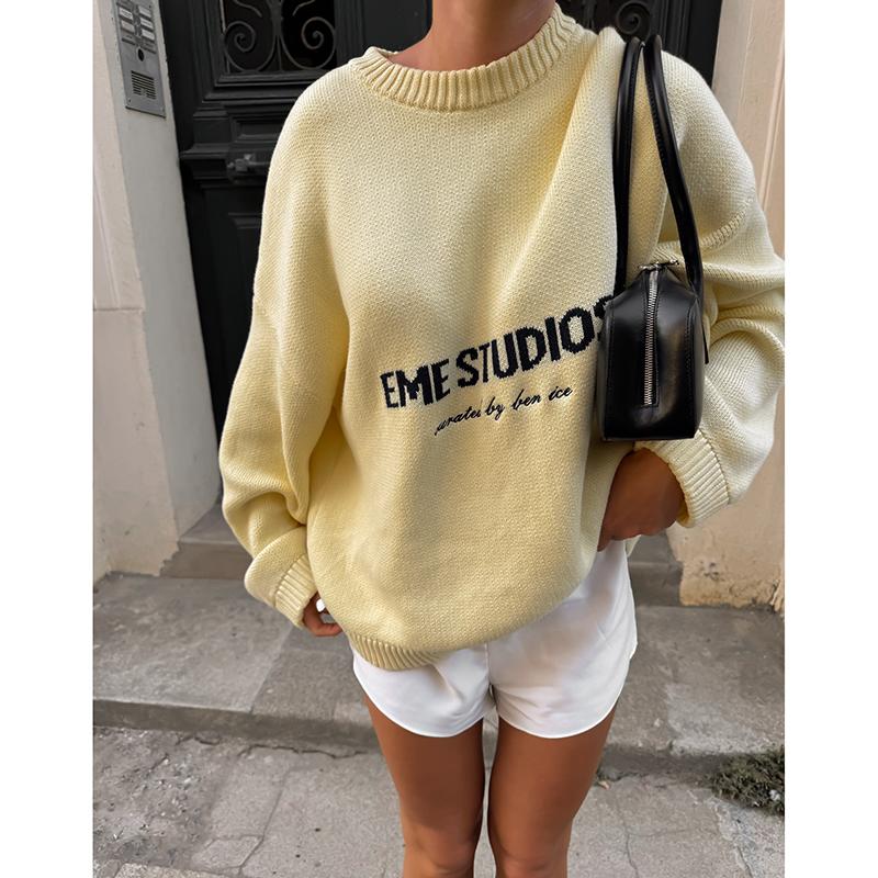 

Butter Yellow Letter Knitted Sweater Women s Casual Round Neck Pleated Short Pullover Female Daily Street Sweaters Autumn S