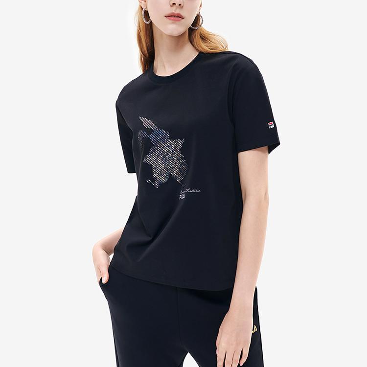 FILA Breathable Knit Short Sleeve T-Shirt Women Tops Black F11W218104F-BK