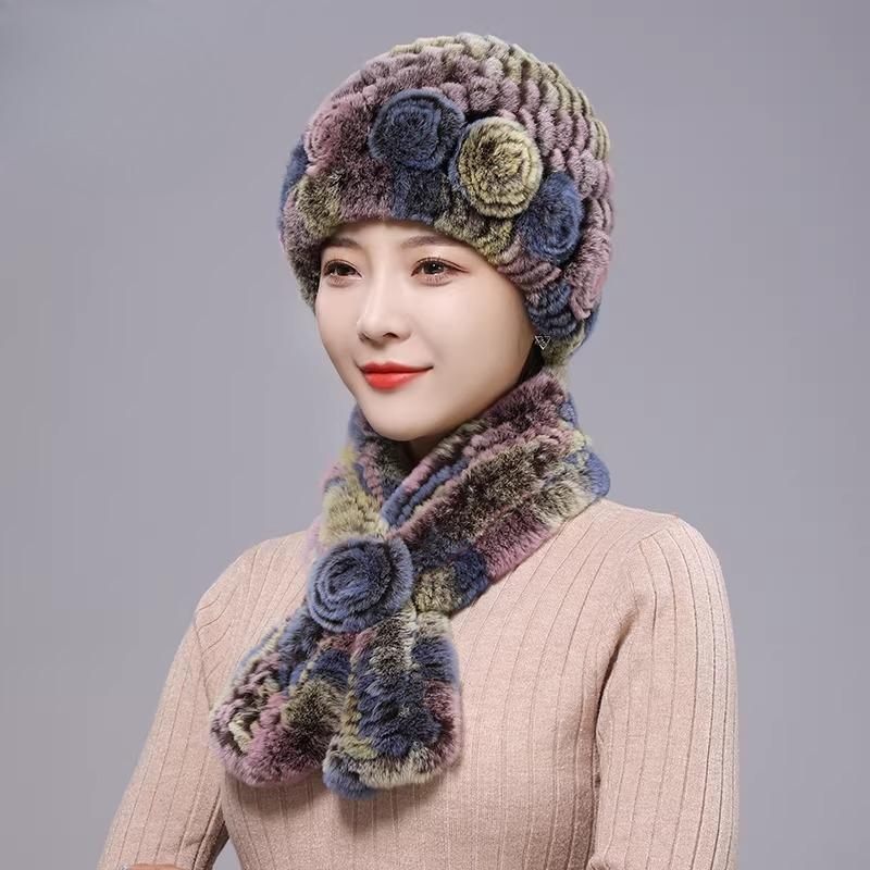 New Rex Rabbit Hair Hat Women's Winter Outdoor Scarf Set Warm Ear Protection Middle-aged and Elderly Fur Fashion
