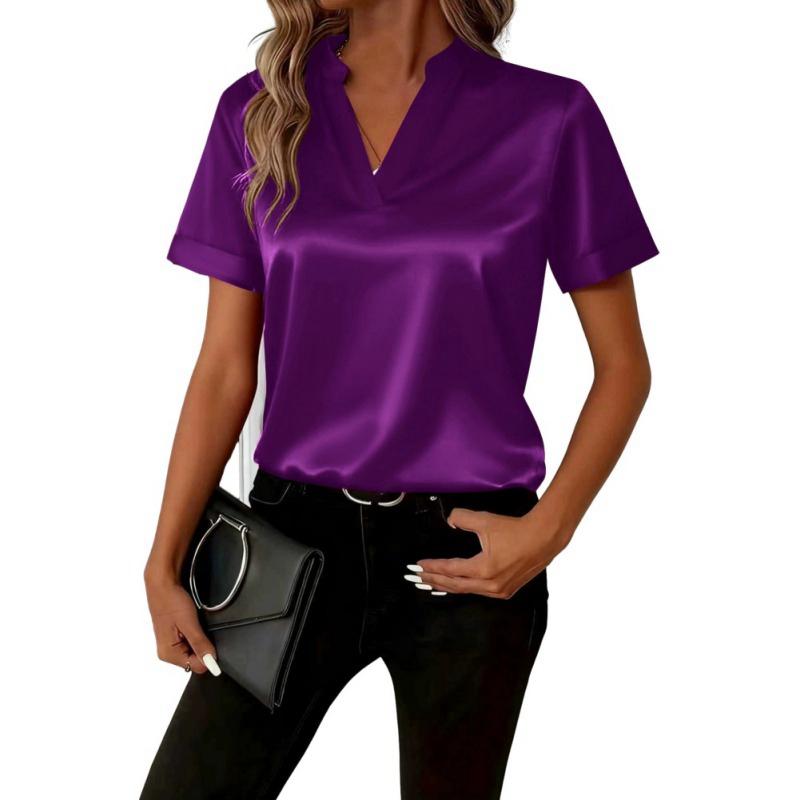 Women's V Neck Satin Top Short Sleeve Shirt
