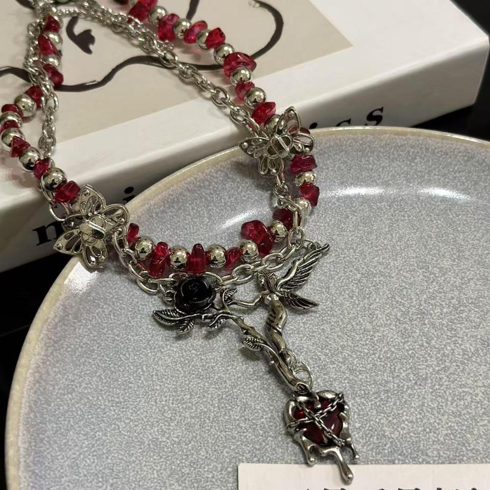 Angle Gothic Multilayer Necklace Rose Flower Clavicle Chain Choker Crystal Beads Necklace  Party