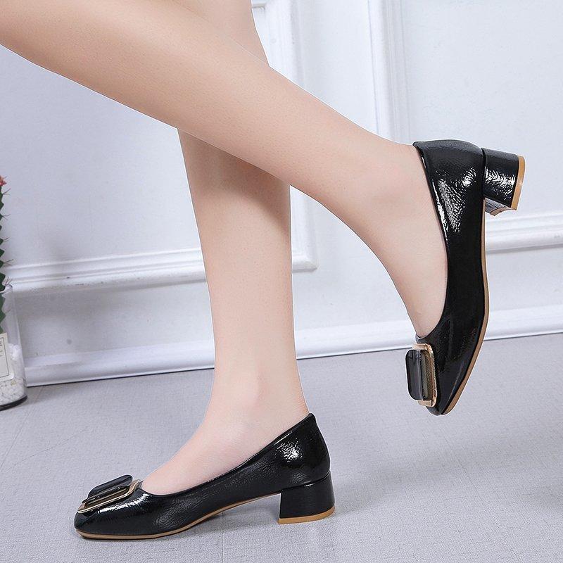 

Fashion 2024 Red Comfort Square Heel Pumps for Party Lady Pink Leather Stylish Elegant Heel Shoes Women Sweet Round Toe Pumps 35 чёрный