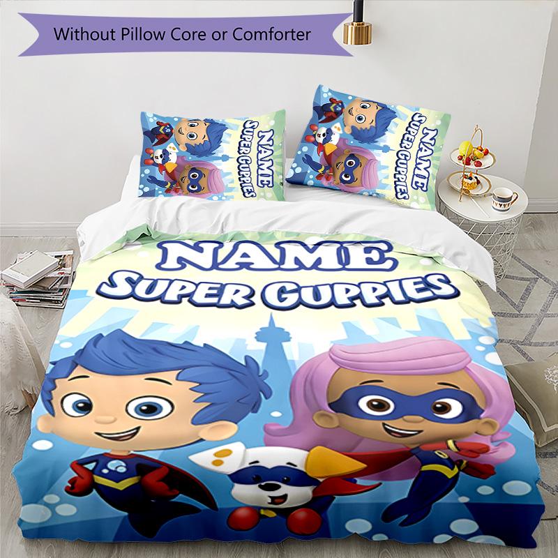 3pcs Bubble Guppies Cover Set - Personalized Name, HD Printed Bedding with 1 Cover and 2 Pillowcases - Perfect for Home Decor, Easy Care