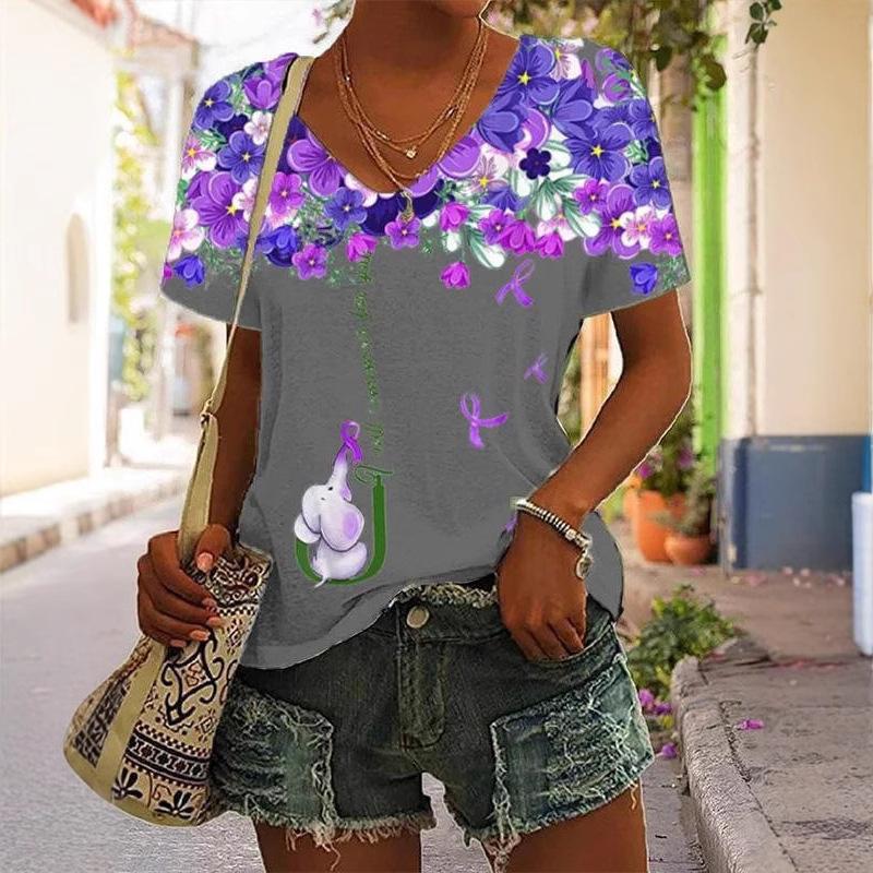 Spring and Summer New 3D Digital Printed Loose Sloping Neck Women's T-shirt