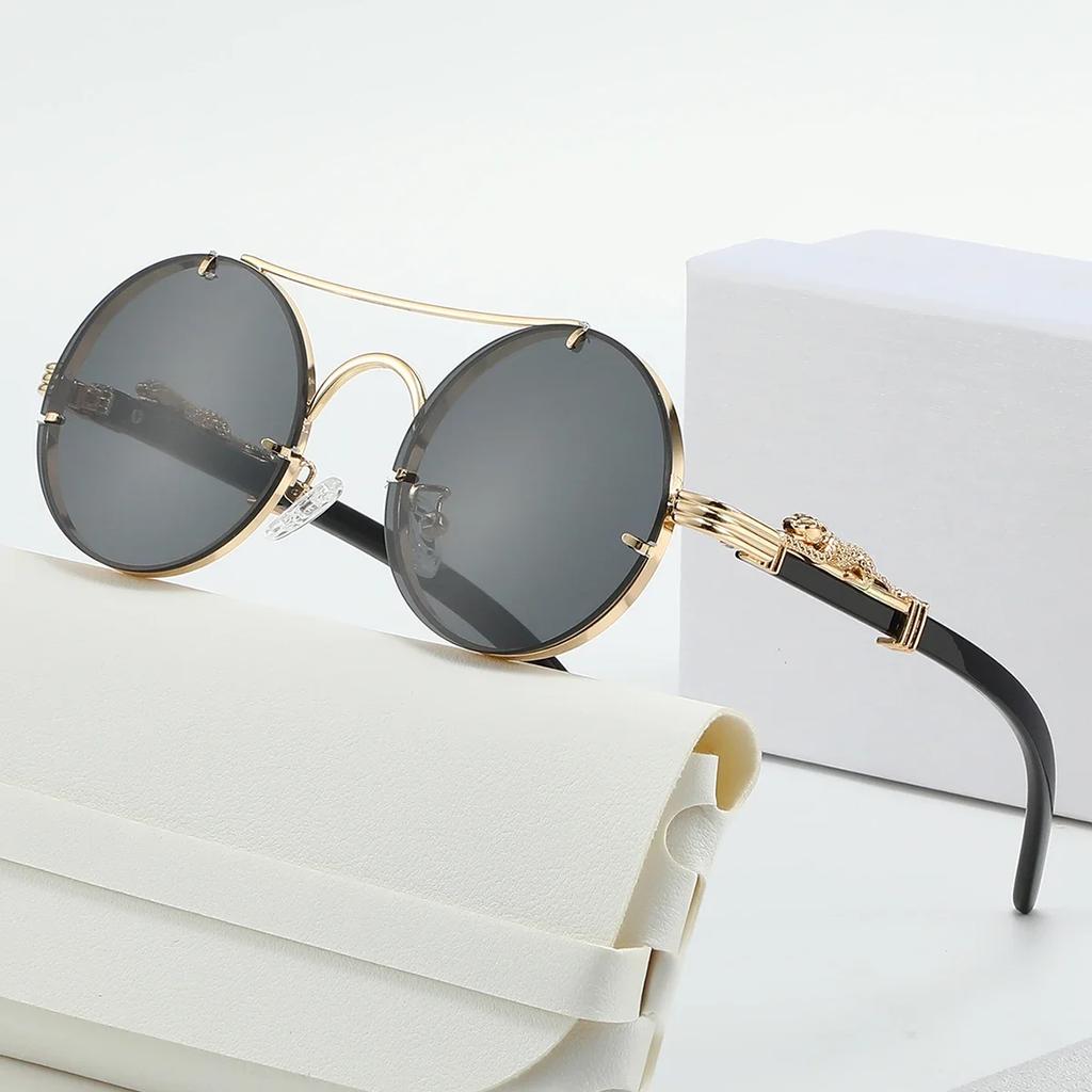 New Fashion Round Double Beam Leopard Head Men'S Sunglasses Luxury Metal Frame Women'S Multi Color Outdoor Travel Sunglasses