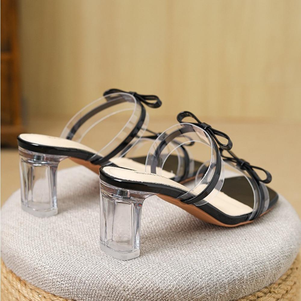 Fashion Square Headed Slippers for Women's 2025 New Summer High Heels Thick Heels Cool Slippers Sweet Bow Fashionable Sandals Women