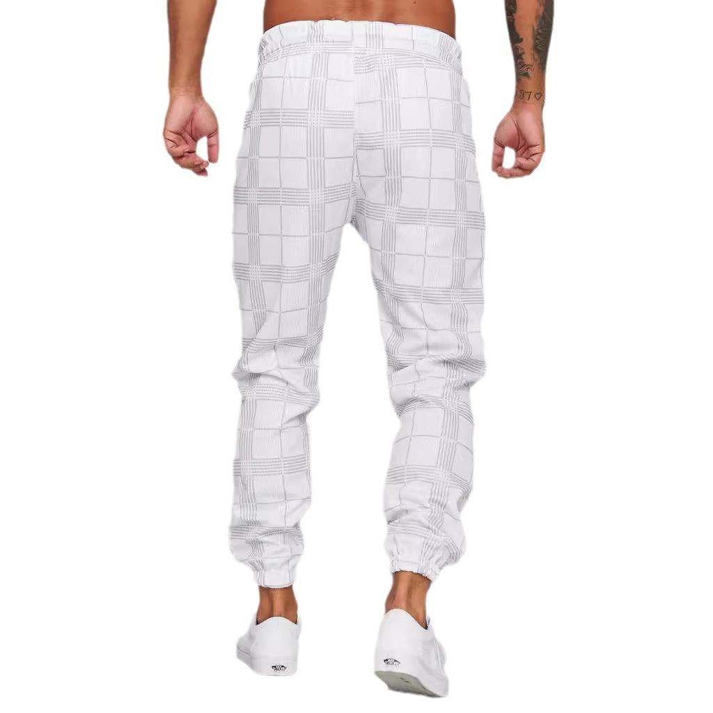Męskie spodnie casual w kratę z nadrukiem cyfrowym, spodnie fitness ze ściągaczem