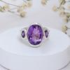 Sterling Silver Amethyst Ring - Oval Purple Gemstone Statement Ring with Accent Stone - Women's February Birthstone Jewelry