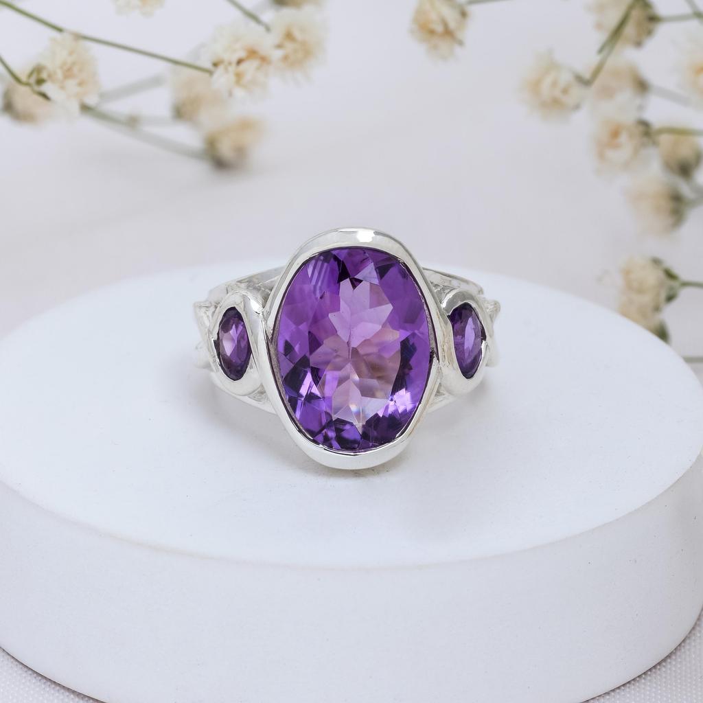 Sterling Silver Amethyst Ring - Oval Purple Gemstone Statement Ring with Accent Stone - Women's February Birthstone Jewelry