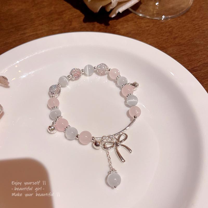 Korean Style Cat's Eye Stone Beaded Bracelet: Elegant Bow Design, Women's Jewelry Collection