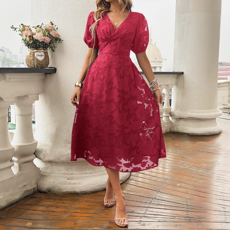 Rochie de damă de primăvară/vară, cu mâneci scurte, cu decolteu în V, cu talie înaltă, elegantă