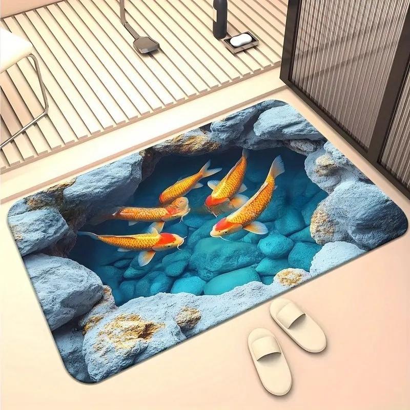 3D Optische Illusion Teppich Realistischer Fischteich Bereichsteppich Waschbar Goldfischteich Fußmatte Rutschfest
