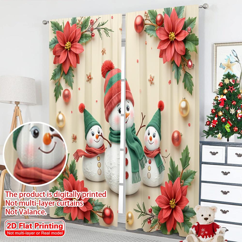 2pcs 2D Flat Printing Merry Christmas Popular Window Drapes Christmas Snowman Family Festive Celebration 100% Polyester Without