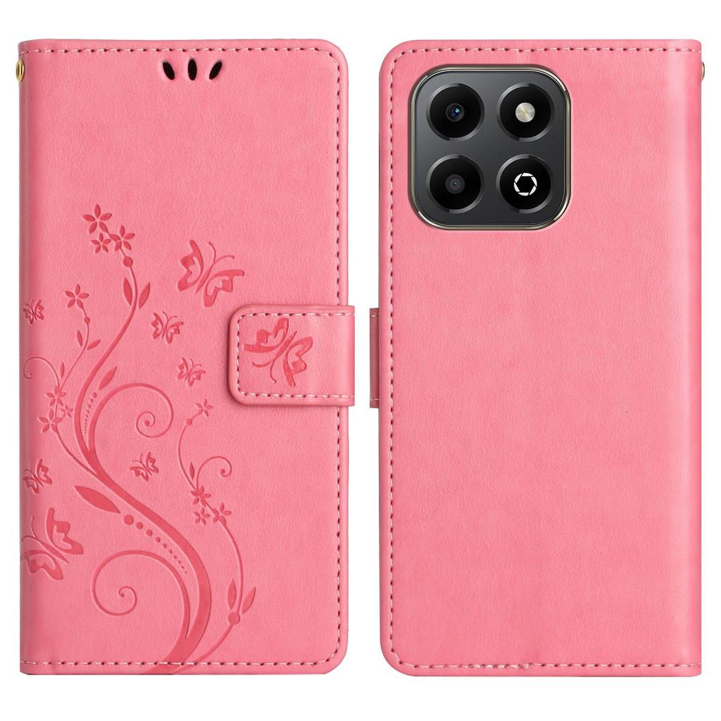 For Honor X6b 4G Leather Wallet Case Butterfly Flower Imprinted Phone Cover with Strap