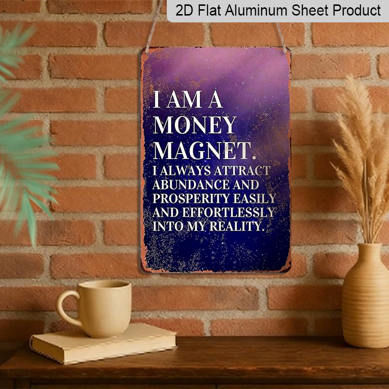2D Flat, Vintage "I Am A Money Magnet" Metal Wall Decor - Durable Aluminum Sign, Positive Affirmation Plaque for Home, Office, Cafe, Attract