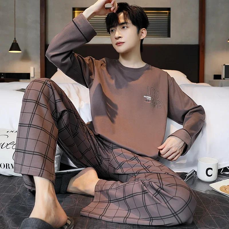 Bumbac Pulover Bărbați Pijamale Toamnă Primăvară Mâneci Lungi Articole de Noapte Set Pijama 2 Piese Bărbați