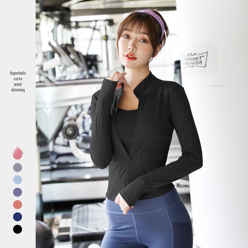 Pfirsichfarbene Fitnessjacke: Schnelltrocknendes Langarm-Sportoberteil mit Reißverschluss und Stehkragen für Yoga im Frühling und Herbst