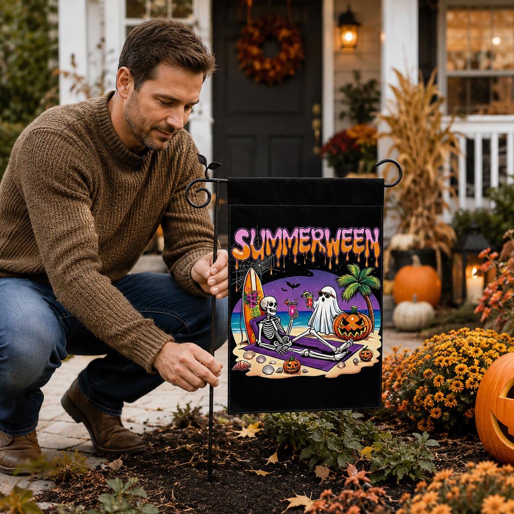 Double Sided Outdoor Garden Flag Summerween Skeleton Ghost Pumpkin Beach Scene Decorative Yard Banner for Seasonal Home Outdoor Display