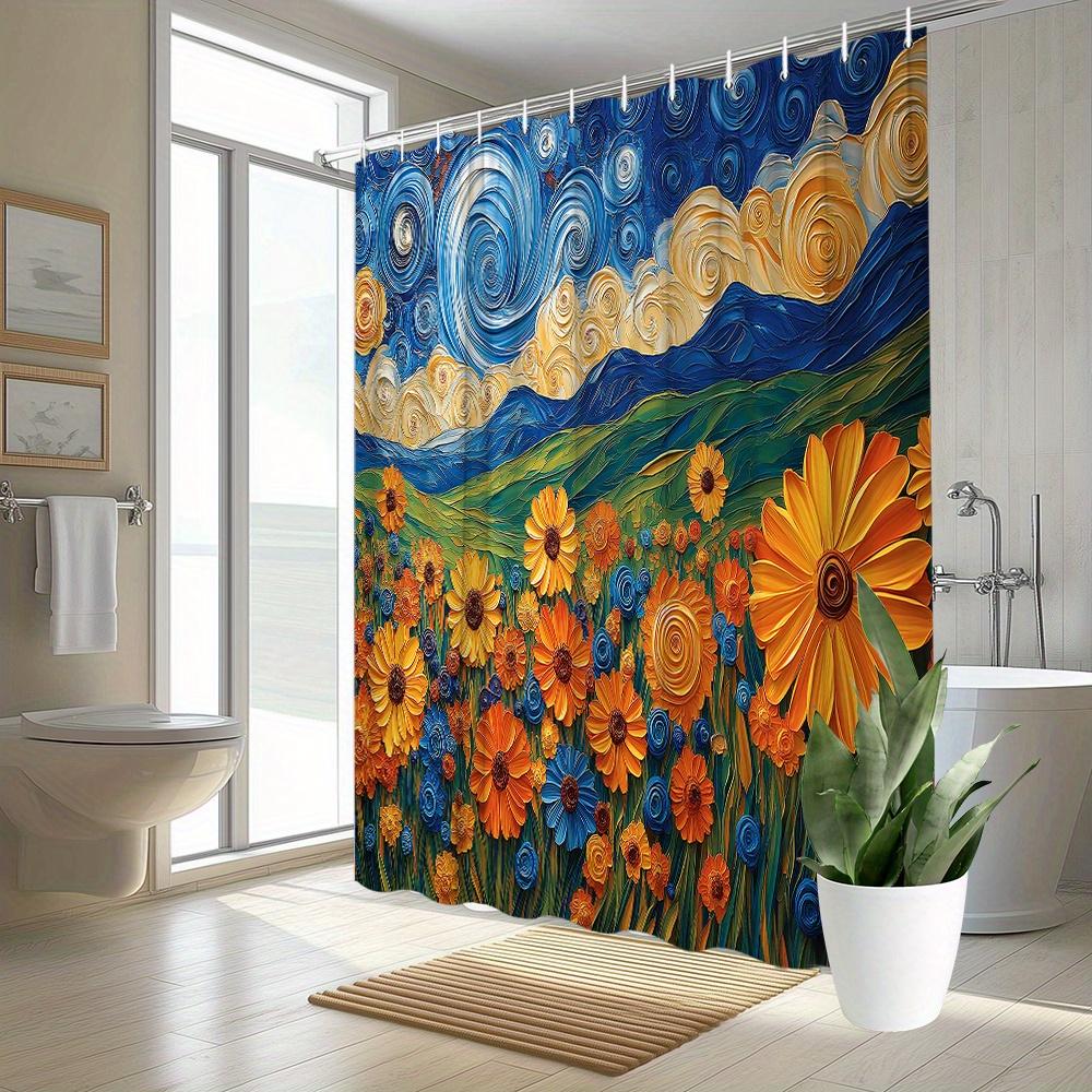 1Pc Van Gogh-Inspired Starry Night Floral Field Shower Curtain With Swirling Clouds & Vibrant Flowers - Polyester, Machine Washa