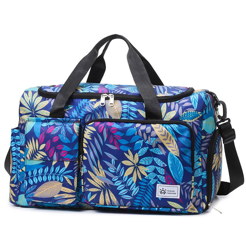 Oxford Fabric Travel Duffel Bag with Leaf Print Multiple Pockets Waterproof Gym Weekender Bag