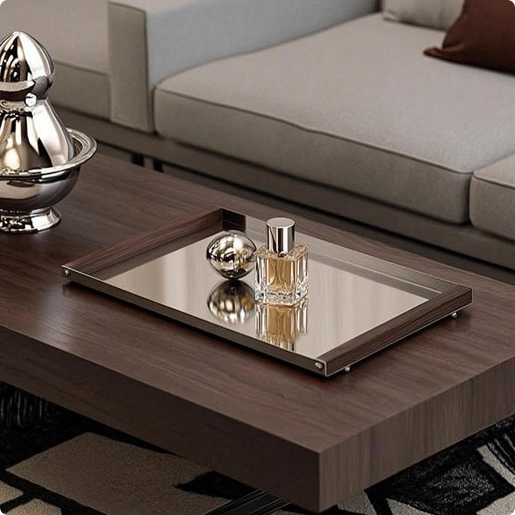 Tray with Mirrored Base Rectangular Bottom for Console Table, Living Room, Guest