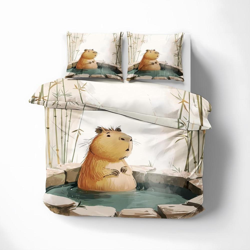 Cartoon Animal Capybara Motif Bed Linen,Microfibre Bedding Sets, Children's Bed Linen with Zip Room Decor  Duvet Cover