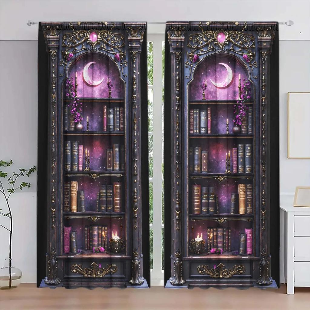 Floral Gothic Bookshelf Curtain Design Polyester Halloween Window Decor Home Curtains Light Blocking Set Of 2 Made With Rod Pocket