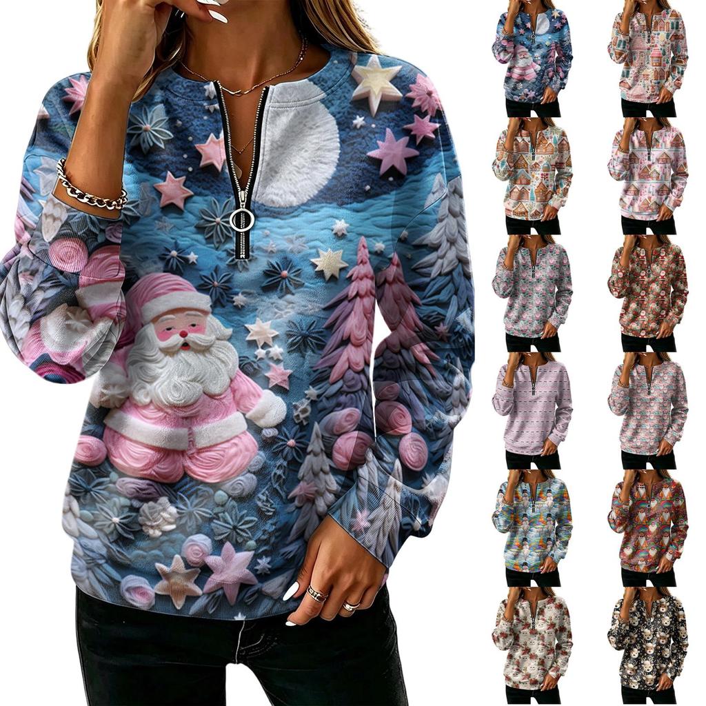 Women's V-Neck Half Zip Long Sleeve Pullover with Small Heart Print, Zipper Pull and Cuffed Sleeves