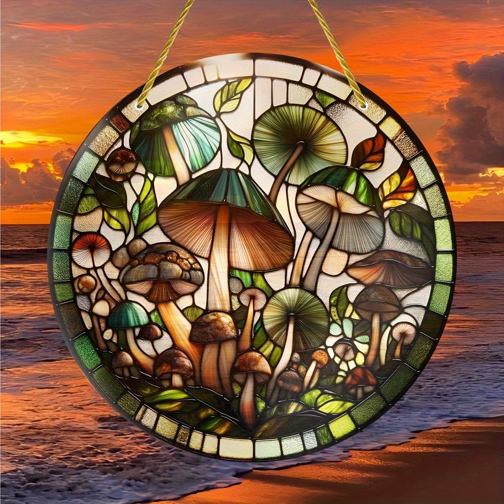 Mushroom & Plant Sun Catcher. Stained Glass Style Wreath for Porch, Bedroom & Terrace. A Perfect Gift.