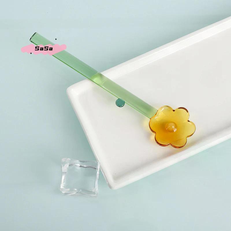 Long Handle Glass Spoon Creative Transparent Glass Dessert Spoon Flower Shaped Colored Coffee Stirring Spoon Stick Bar