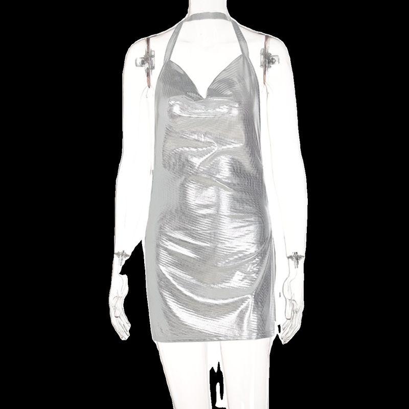 

Sexy Dress Fashion 2024 Spring Summer Women s Wear New Sexy Open Back Solid Color Slim Fit Slit Dress Female Silver L