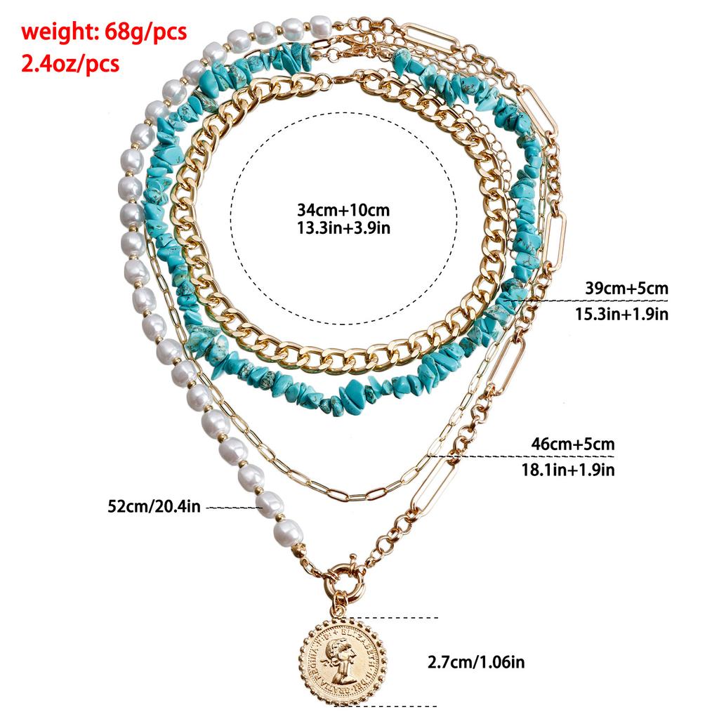 European and American Bohemian geometric imitation pearl beaded necklace creative turquoise mixed and matched metal chain necklace set