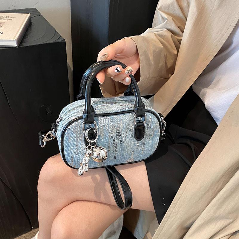 IELGY Korean Style Denim Sequined Portable Bowling Bag Contrast Color One-Shoulder Messenger Small Square Bag