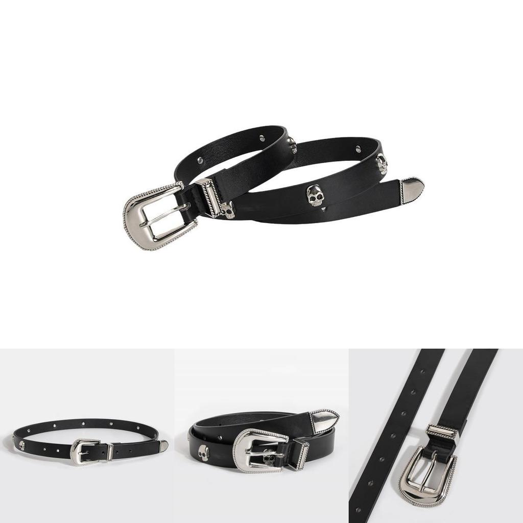 Y2k Womens Punk Leather Belt With Skull Decor And Metal Buckle For Casual Wear