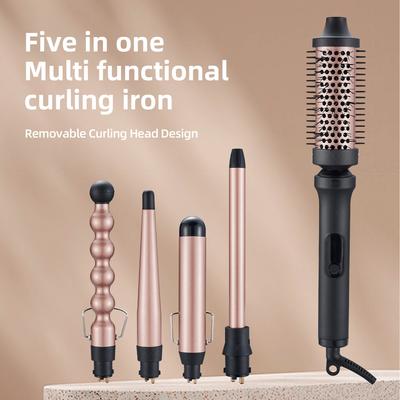 5-in-1 Interchangeable Curling Iron Set -Create Deep Waves, Banana Curls, Afro Curls with Detangling Paddle Brush, Multifunctional Hair Styling Tool
