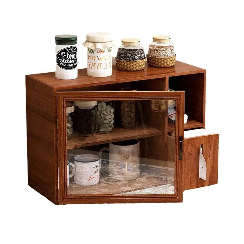 Glass Retro Solid Wood Tea Cup Tissue Storage Cabinet Japanese Cosmetics Desktop Storage Box Dustproof Figurine Display Cabinet
