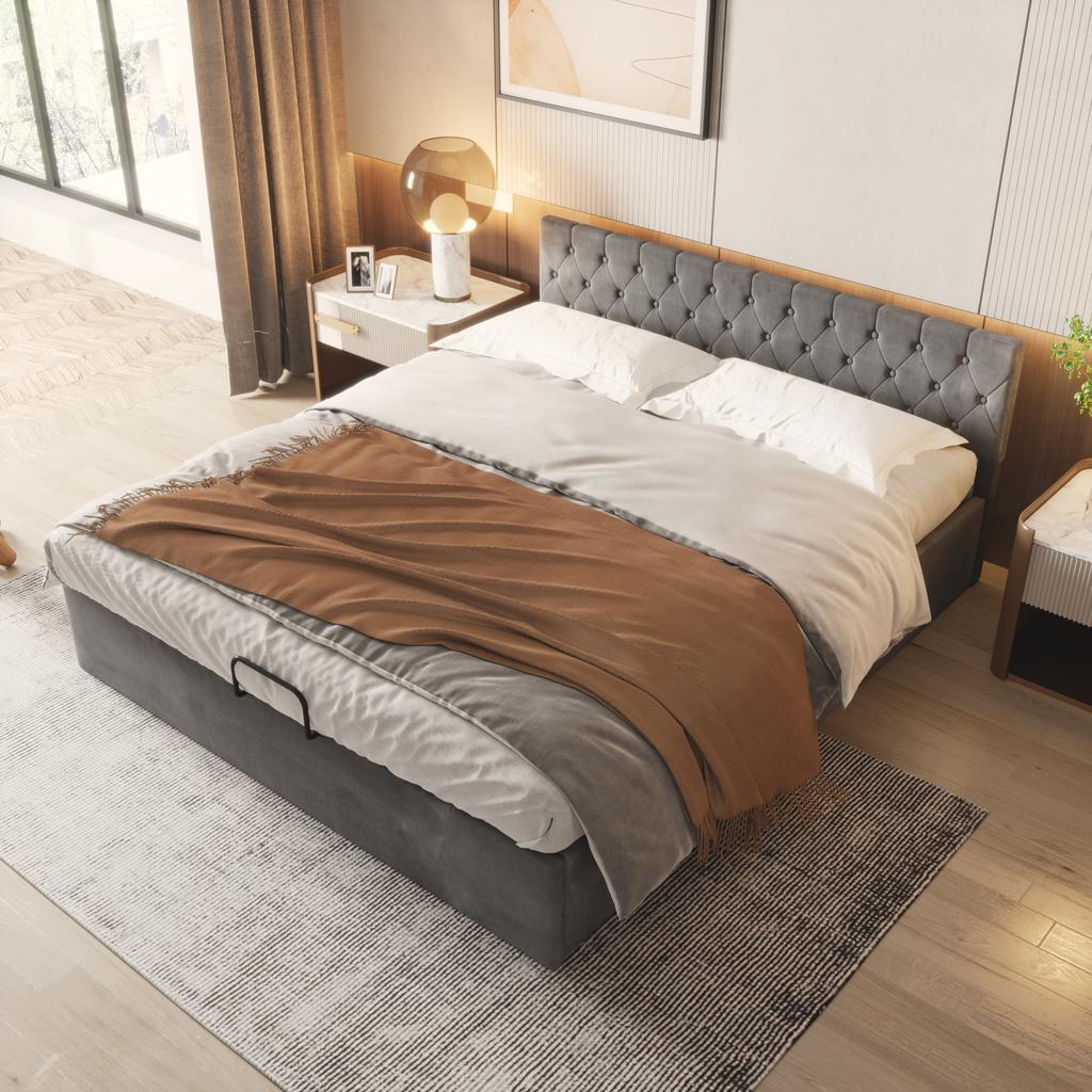 Velvet Upholstered Bed, 180*200cm, Buttoned Headboard, Double Bed, Hydraulic Bed with Storage, Slatted Frame, Gray[OLD SKU:29775960AAH]