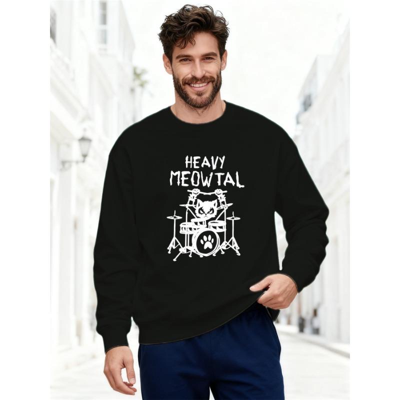 Men's Heavy Meowtal Pattern Casual Round Neck Sweatshirt, Plus Size.