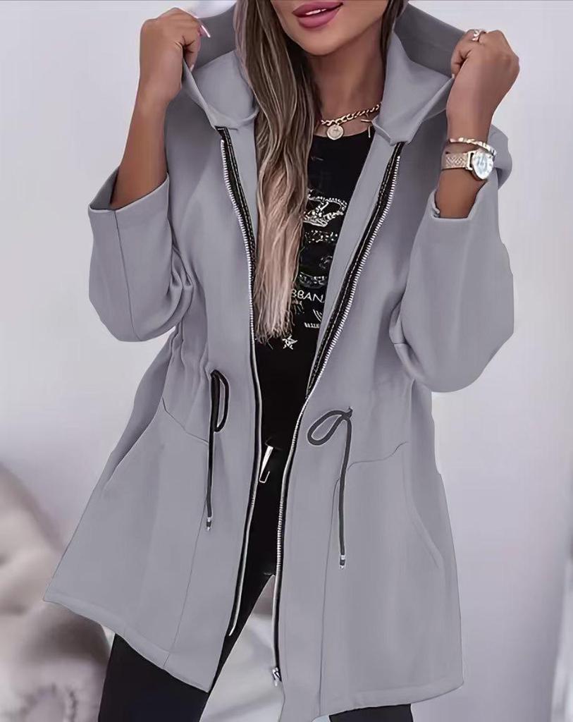 European & American Women's Fashion Zipper Hooded Mid-Length Jacket with Cinched Waist