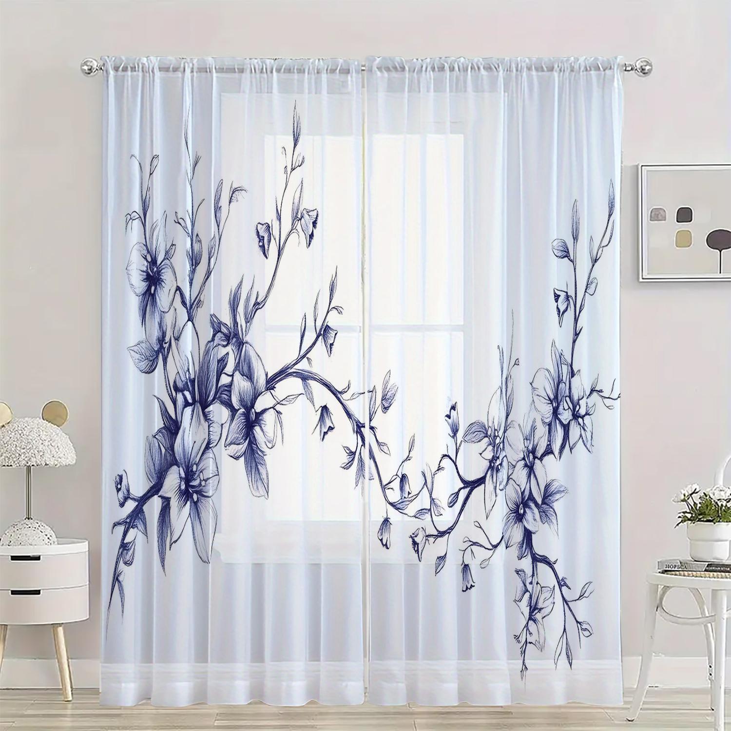 

Set Of 2 Hd Digital Leaf Flowers Printed Window Screen Home Decor Style Decoration Living Room Screening Curtain Polyester Perfect For Great W100*H70(CM)-Hooks&2PCS