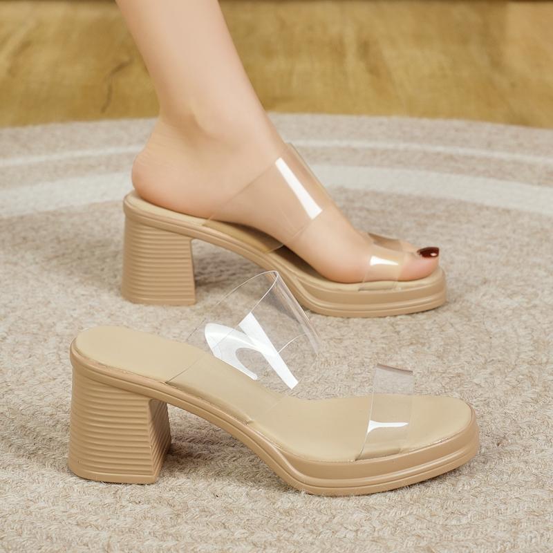 Fashion Women's 2025 Summer Newest Style Fashion Thick Heel Women Slippers Transparent Mid-heel Female Sandals