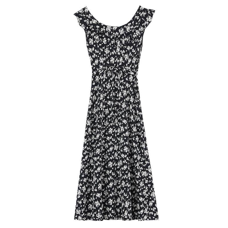 French Black Floral Puff Sleeve Camisole Dress for Women - Summer Seaside Vacation Style